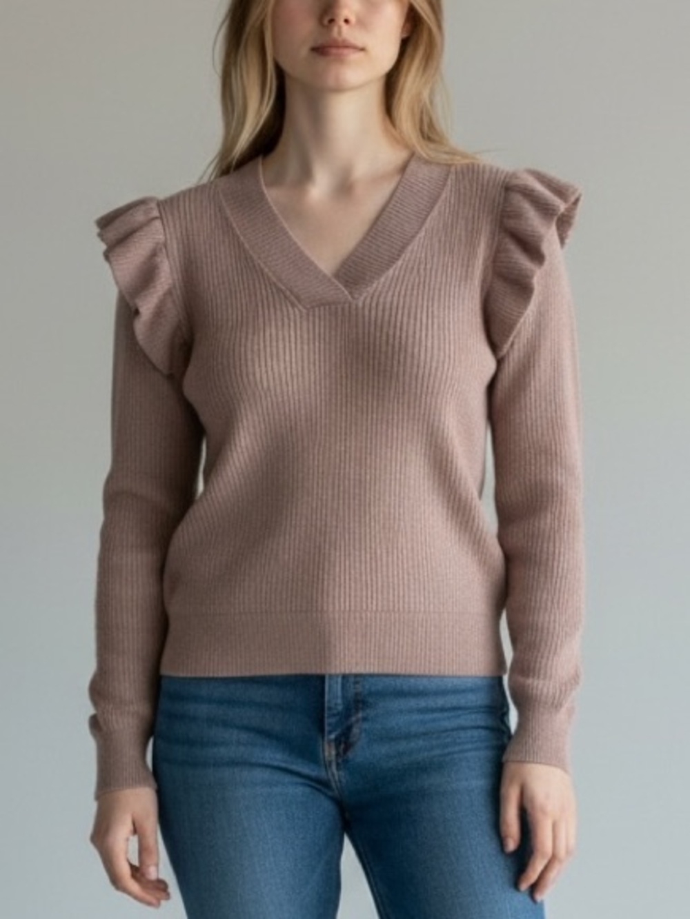 Truth by Republican Taupe Ruffled Shoulder Sweater Size Med
